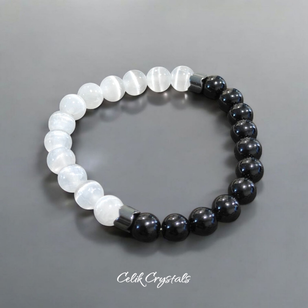 Selenite and Black Tourmaline Bracelet 8mm Natural Stones Unisex